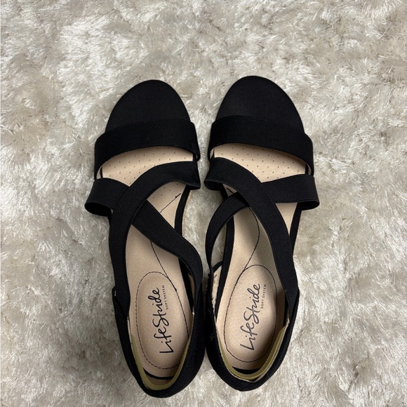 Life Stride Black and Tan Wedge Sandals - Picture 2 of 5